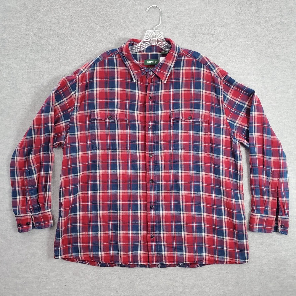 Orvis Men Button Up Shirt 2XL Red Plaid Active Fit Pocket Long Sleeve‎ Collar